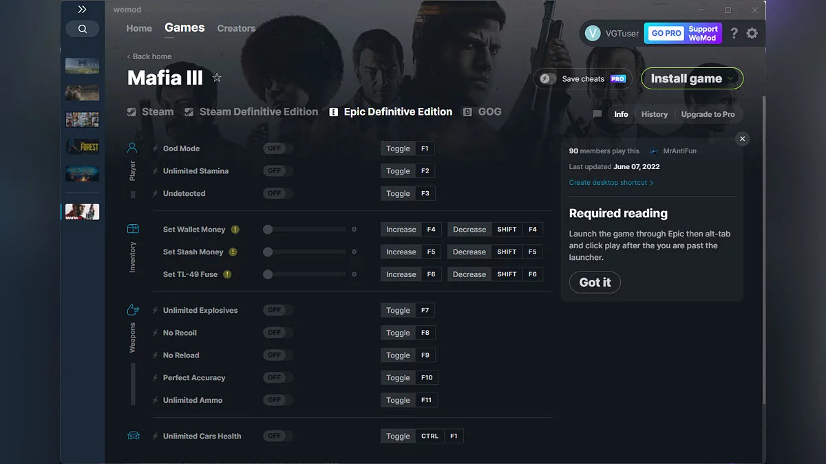 Mafia 3: Definitive Edition — Трейнер (+12) от 07.06.2022 [WeMod]