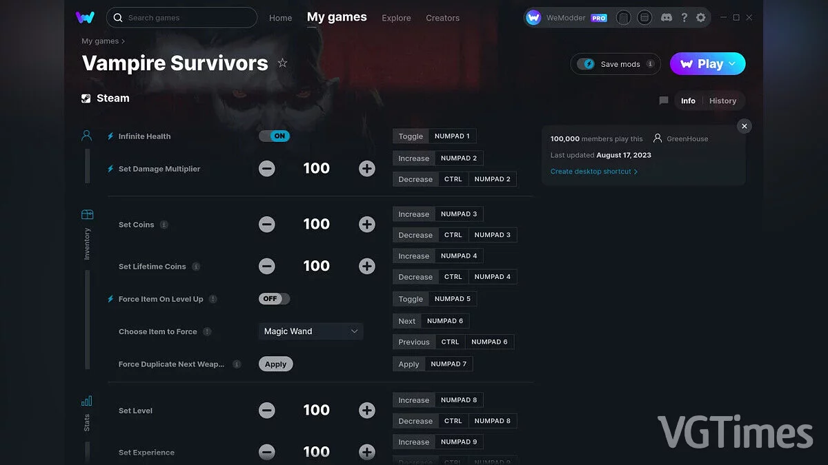 Vampire Survivors — Трейнер (+15) от 17.08.2023 [WeMod]