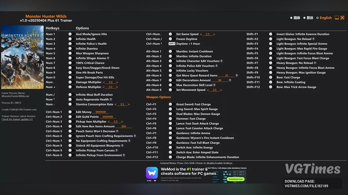 Monster Hunter Wilds — Трейнер (+61) [1.0 - 04.04.2025]