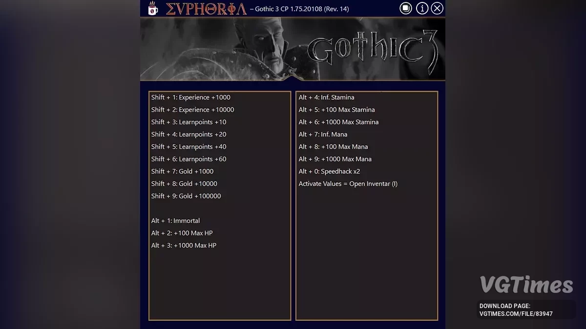 Gothic 3 — Трейнер (+8) [2.01.08_(14579)&1.75.20108]